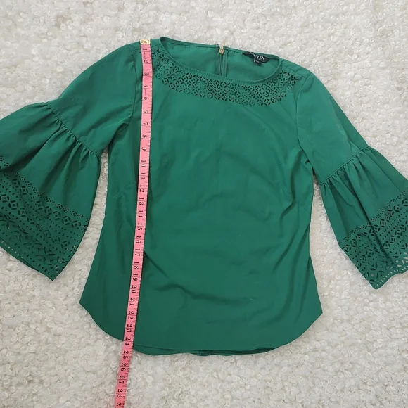 Ralph Lauren S Laser Cut Green Women Top Bell Sleeve Eyelet Blouse Casual Office - Picture 10 of 12